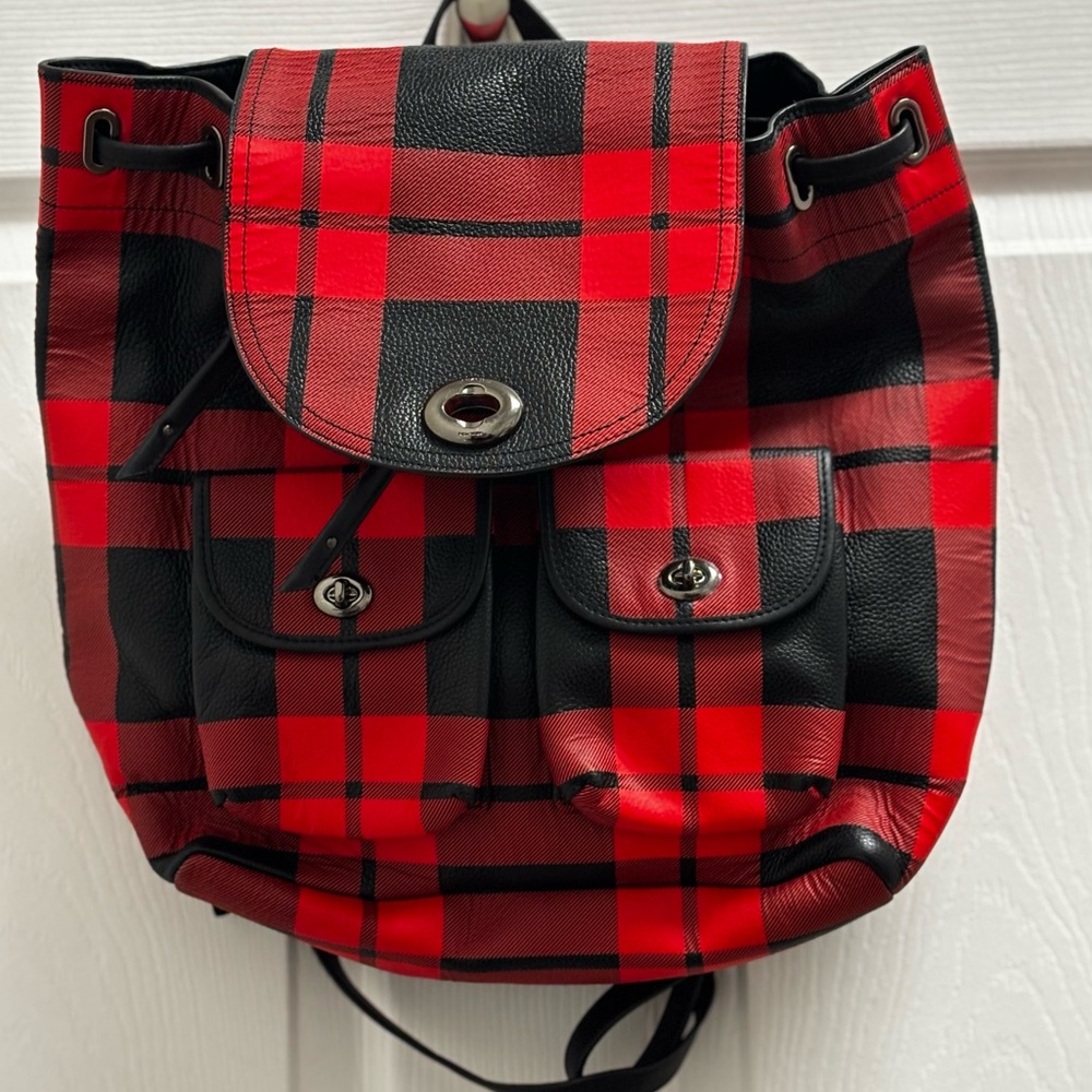 Coach Red and Black Plaid Backpack! UEC. Pockets on the front. - Picture 7 of 13